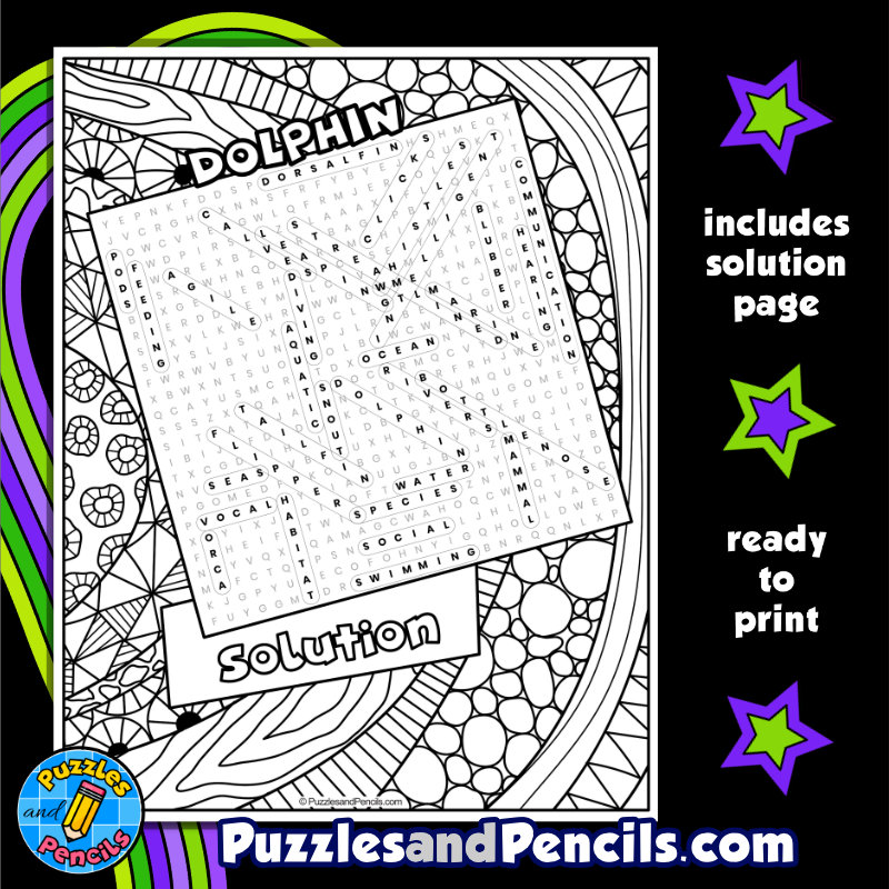 Dolphin word search puzzle with coloring marine life wordsearch made by teachers