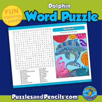 Dolphin word search puzzle and coloring activity page marine life