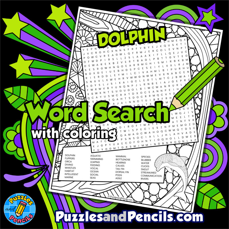 Dolphin word search puzzle with coloring marine life wordsearch made by teachers