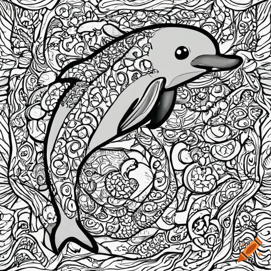 Black and white coloring page of a cute maui dolphin on