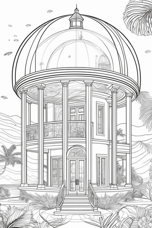 Coloring page of a greenhouse with dome
