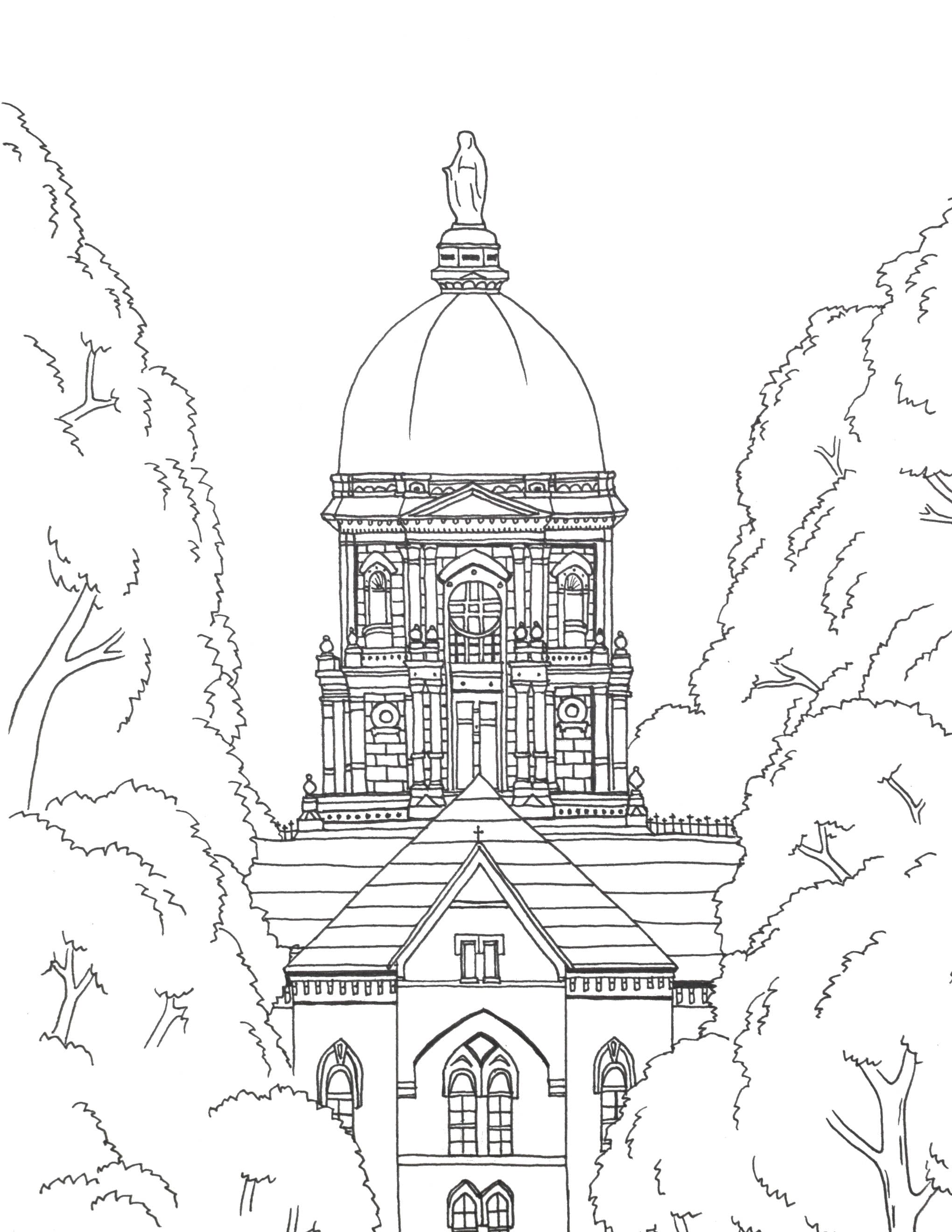 Notre dame golden dome printable art adult coloring book page fighting irish artwork university campus south bend digital download