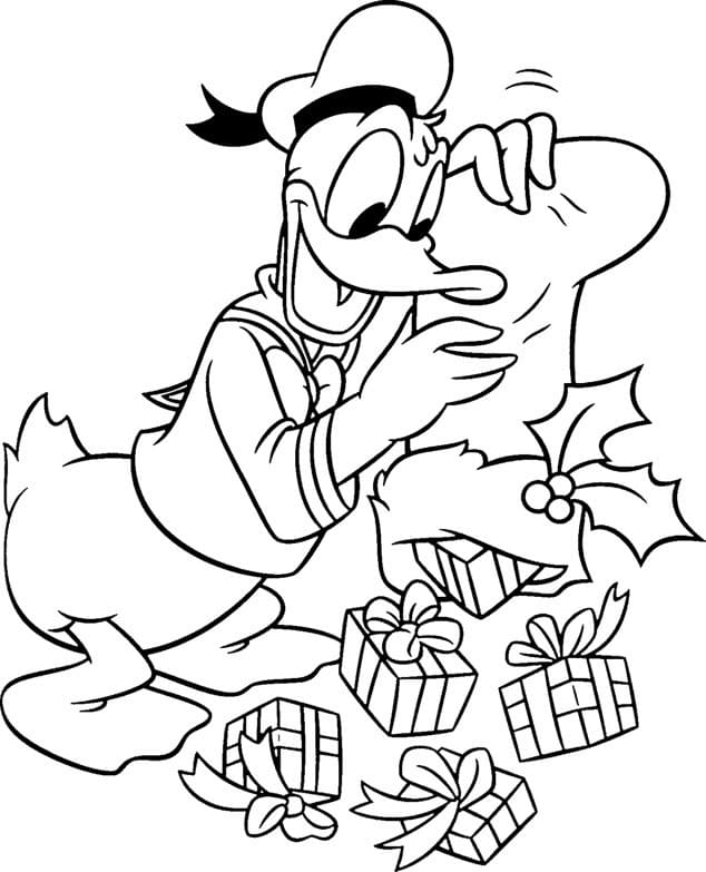 Coloring pages donald duck with christmas presents coloring page