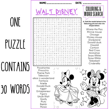 Walt disney coloring word search puzzle worksheets activities tpt