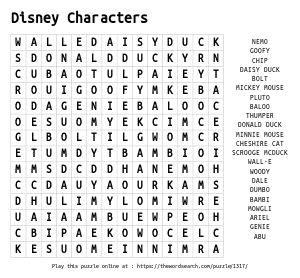 Disney characters word search