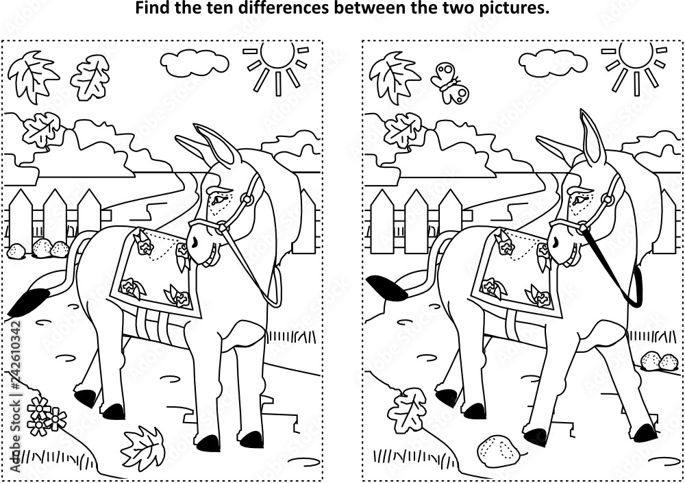 Find the ten differences picture puzzle and coloring page with donkey or burro walking at rural scene vector