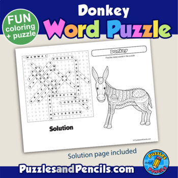 Donkey word search puzzle and coloring activity page by puzzles and pencils