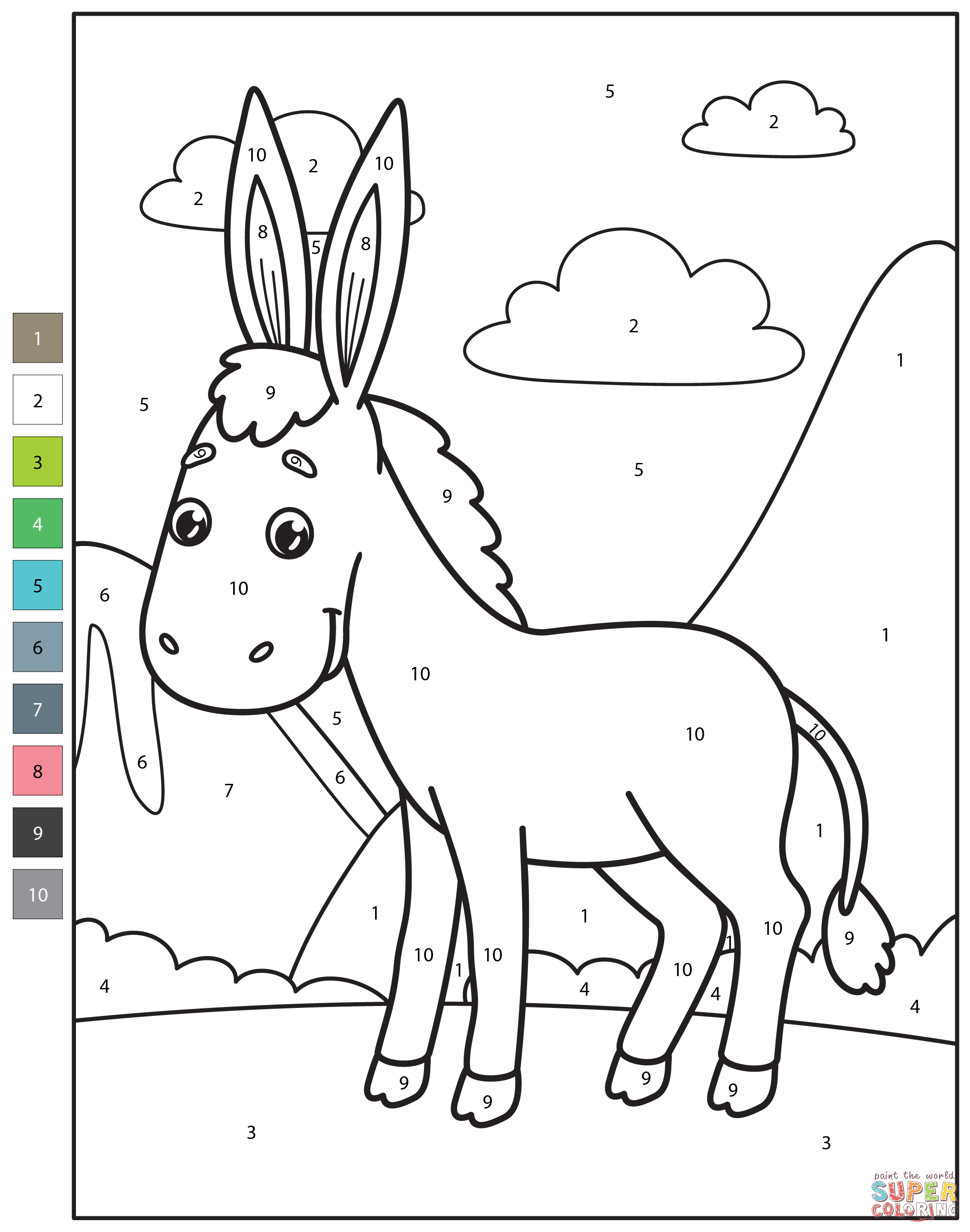 Donkey color by number free printable coloring pages