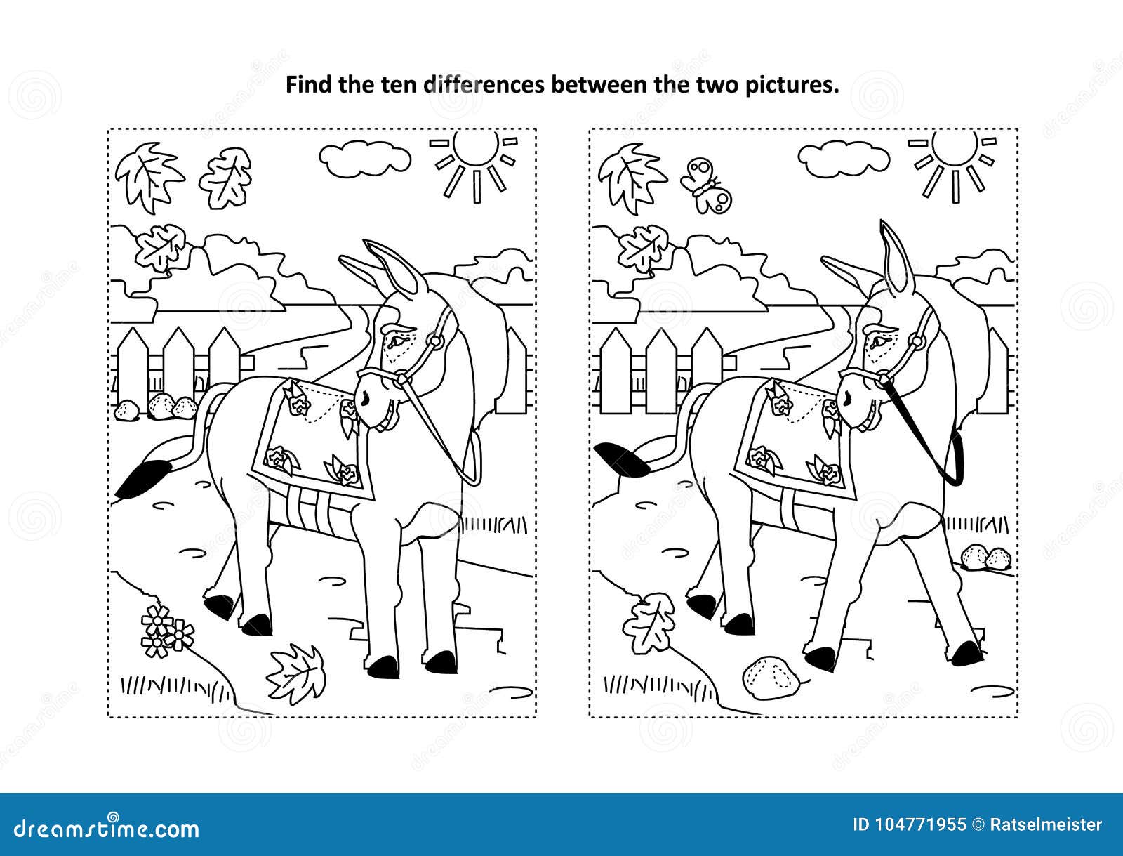 Find the differences visual puzzle and coloring page with walking donkey stock vector