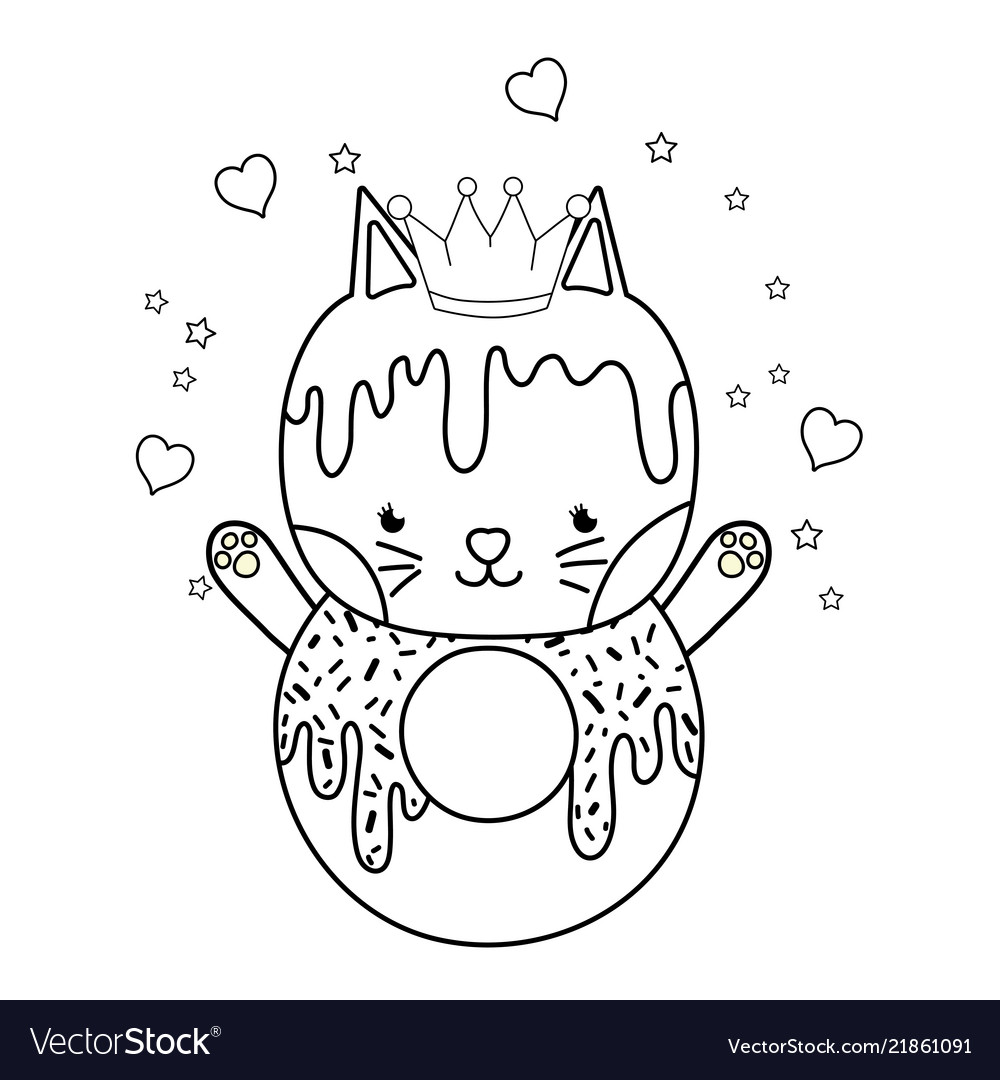 Outline kawaii cat donut with hearts and sars vector image