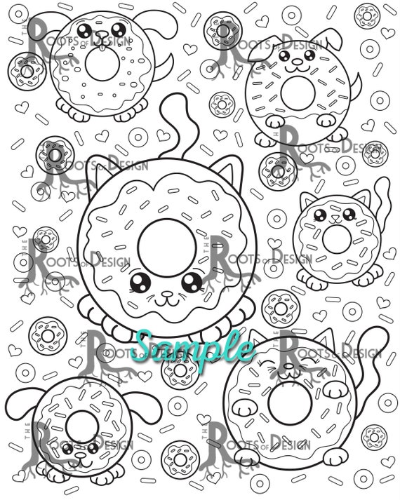 Instant download coloring page dog and cat donuts art coloring print doodle art printable