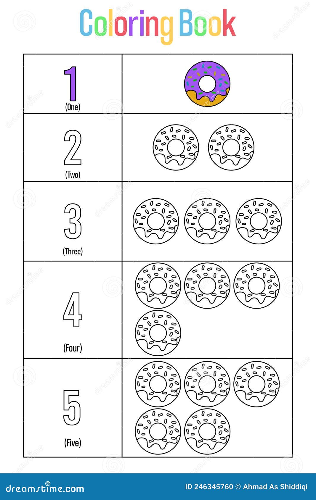 Coloring book doughnut or donut coloring book page for preschool children with numbers and doughnut to color stock vector