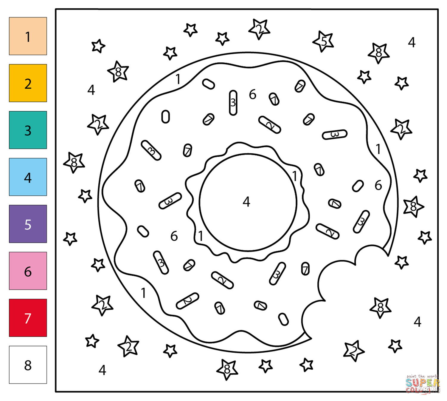 Donut color by number free printable coloring pages