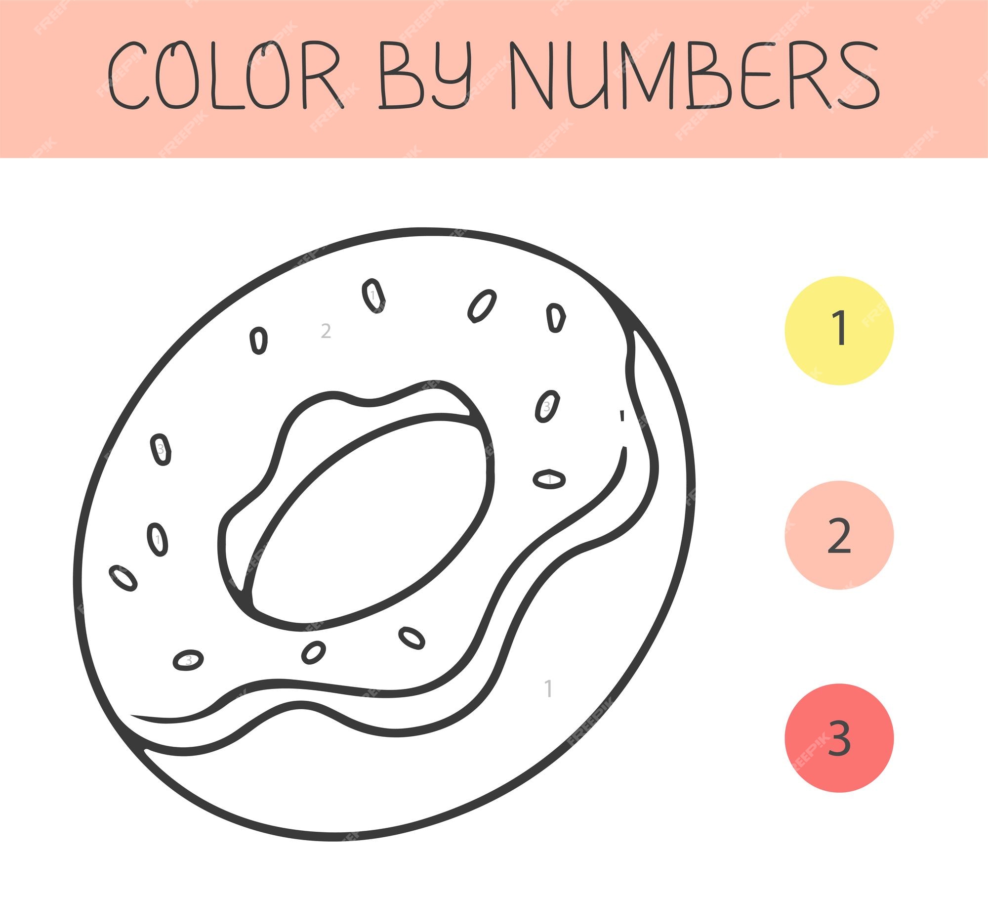 Premium vector color by numbers coloring book for kids with a donut coloring page with cute cartoon donut