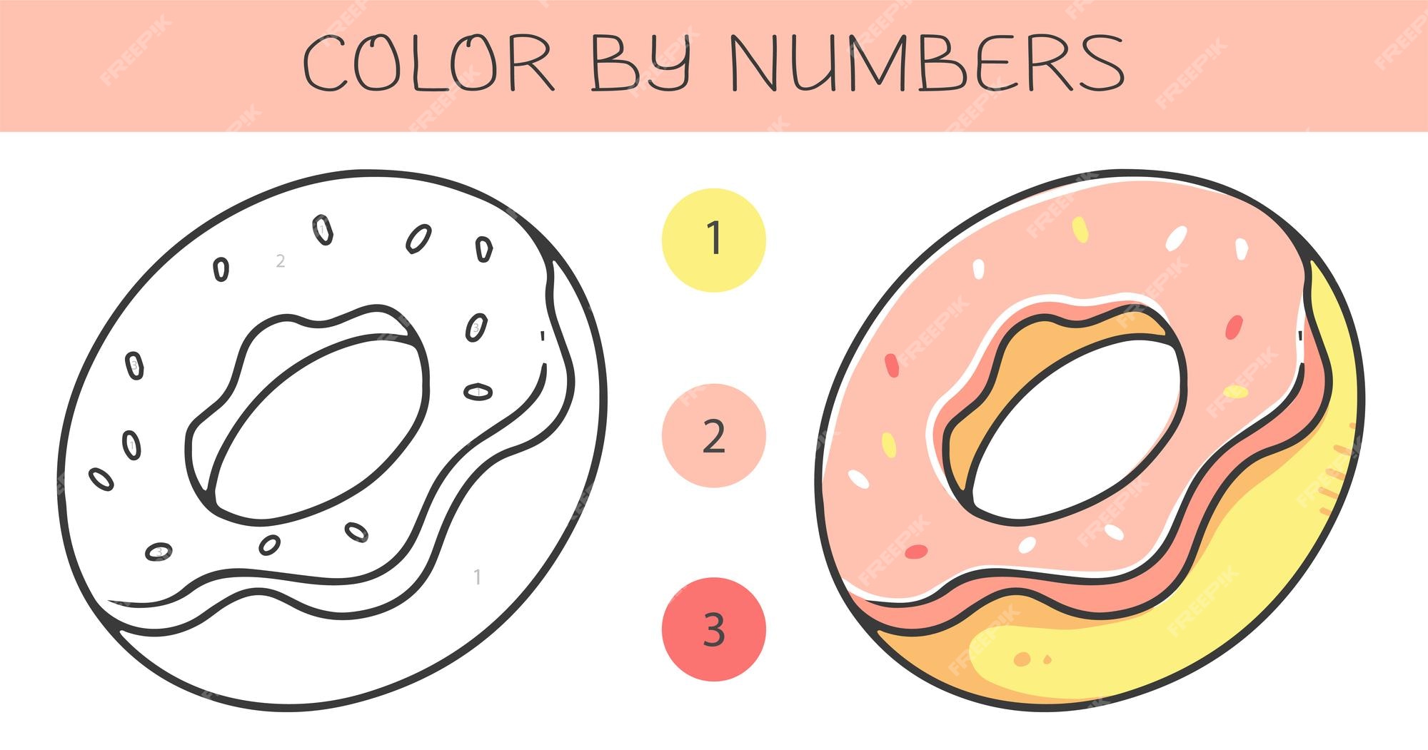 Premium vector color by numbers coloring book for kids with a donut coloring page with cute cartoon donut