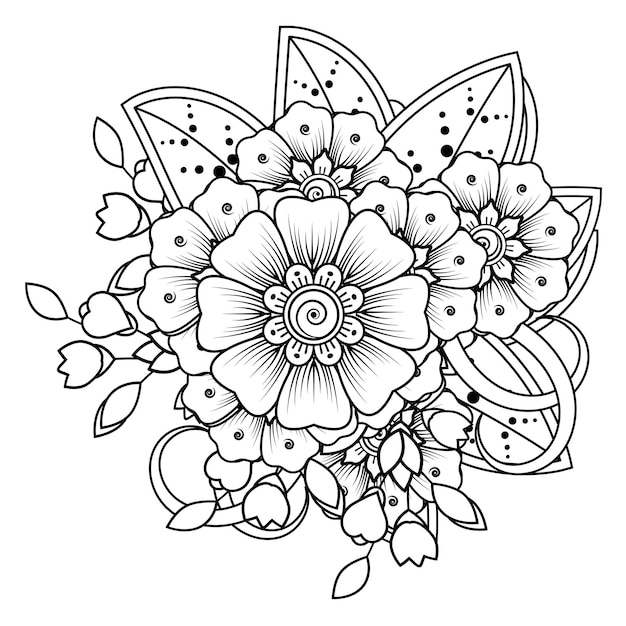 Premium vector flowers in black and white doodle art for coloring book