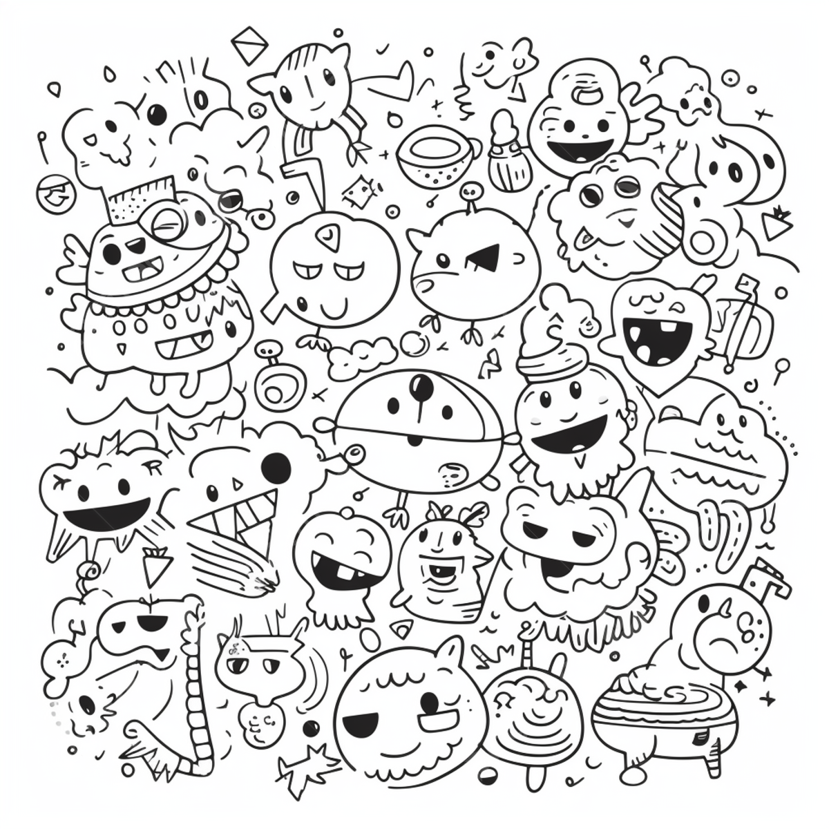 An art print of a colorful doodle coloring page with little monsters monster drawing colorful drawing ring drawing png transparent image and clipart for free download