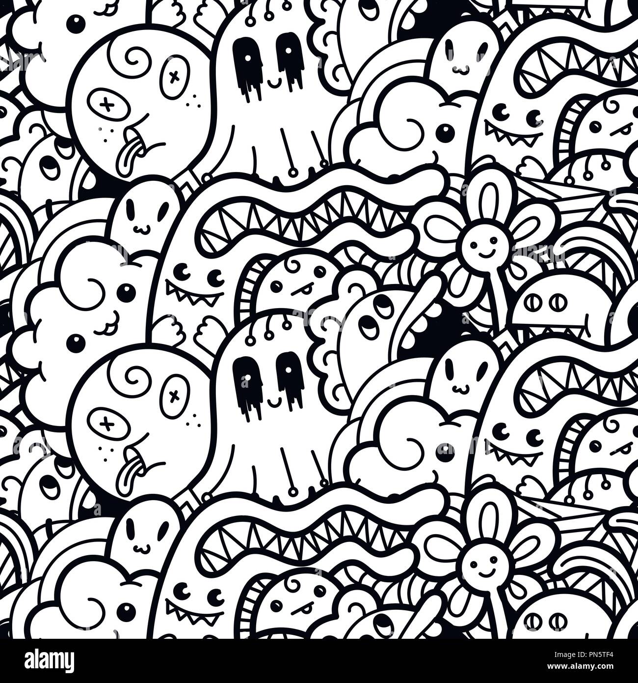 Funny doodle monsters seamless pattern for prints designs and children books vector illustration for coloring pages stock vector image art