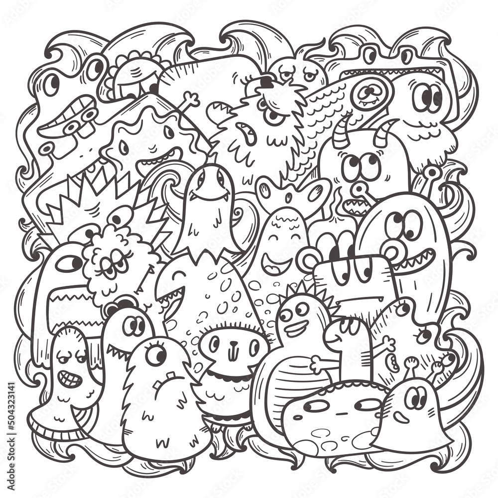 Vector hand drawn coloring pattern with funny fictional doodle monsters vector