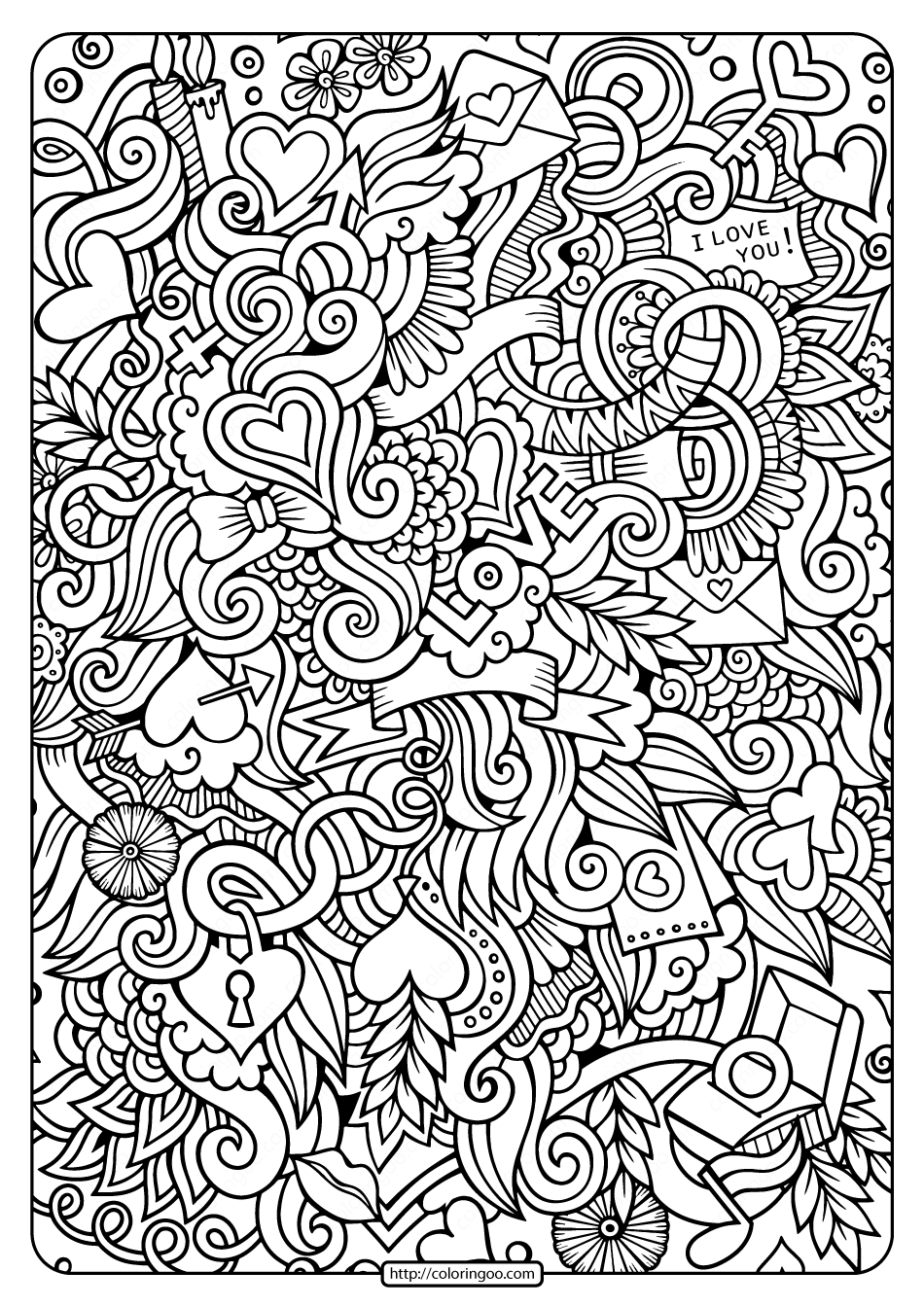 Free printable love doodle pdf coloring page love coloring pages free printable coloring pages heart coloring pages