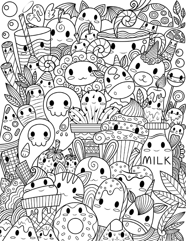 Printable kawaii doodle adult coloring page