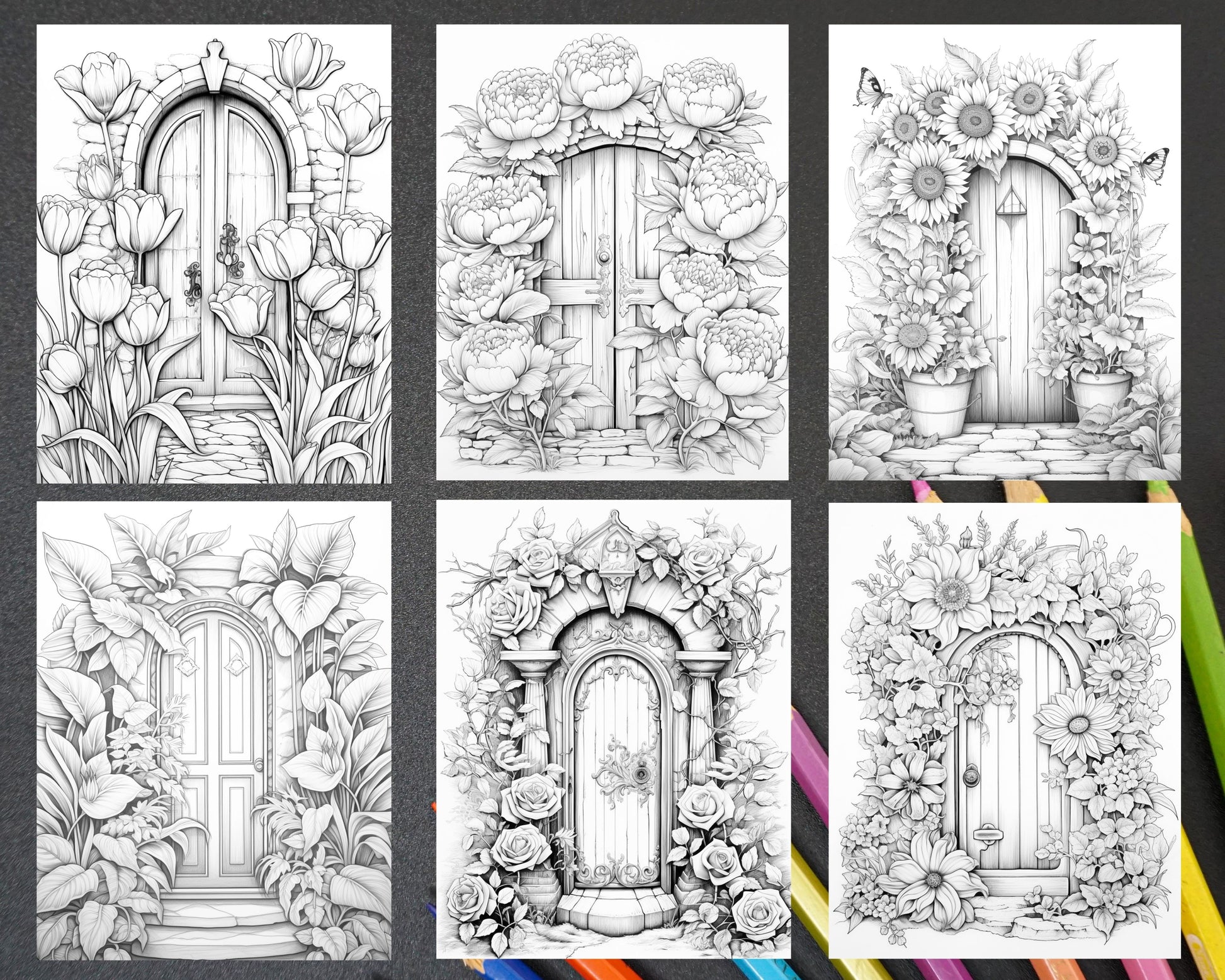 Flower fairy doors grayscale coloring pages printable for adults p â coloring