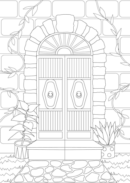 Premium vector architectural coloring page with wooden door with stones and plants around architectonic sheet to be colored with gate made by wood with flowers in pots