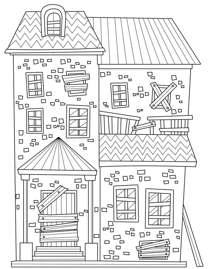 Coloring page with big old house made of stones with nailed boards over door and windows sheet to be colored with huge stock vector