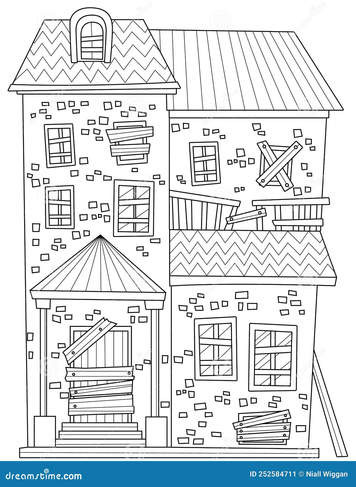 Coloring page with big old house made of stones with nailed boards over door and windows sheet to be colored with huge stock vector