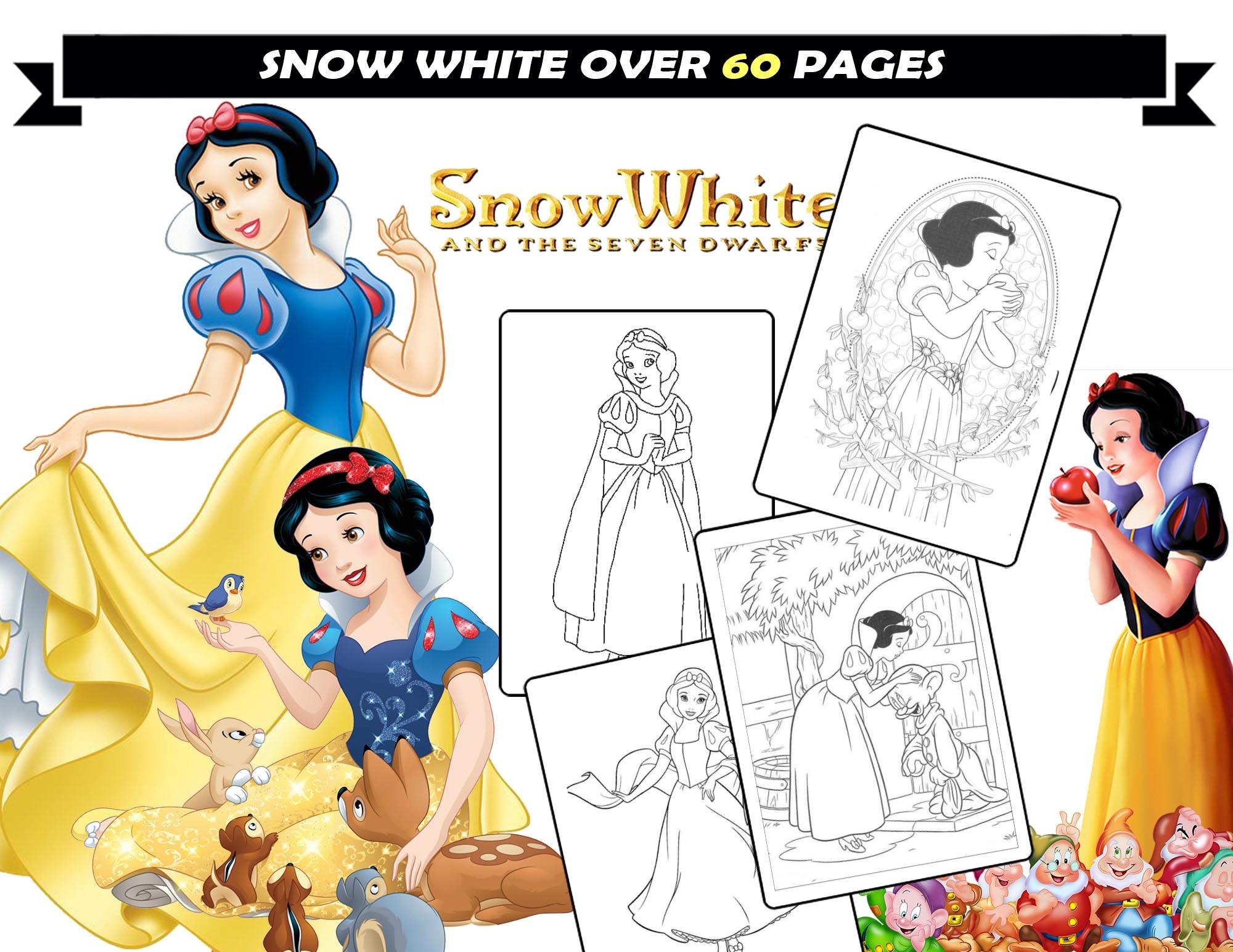 Snow white princess coloring pages for girls grumpy dow sneezy sleepy happy dopey cartoon coloring sheets printable coloring book