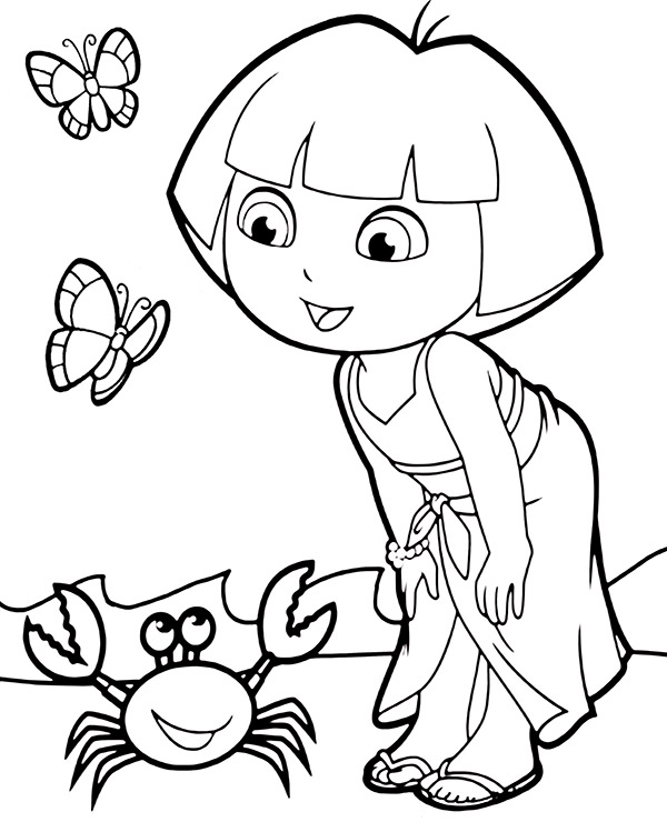 Dora on a beach printable coloring page for children