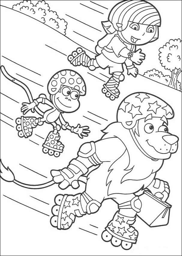 Dora skating with boots and lion coloring pages