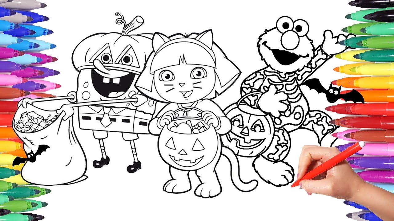 Spongebob dora and elo halloween costues party coloring pages for kids colorful coloring video