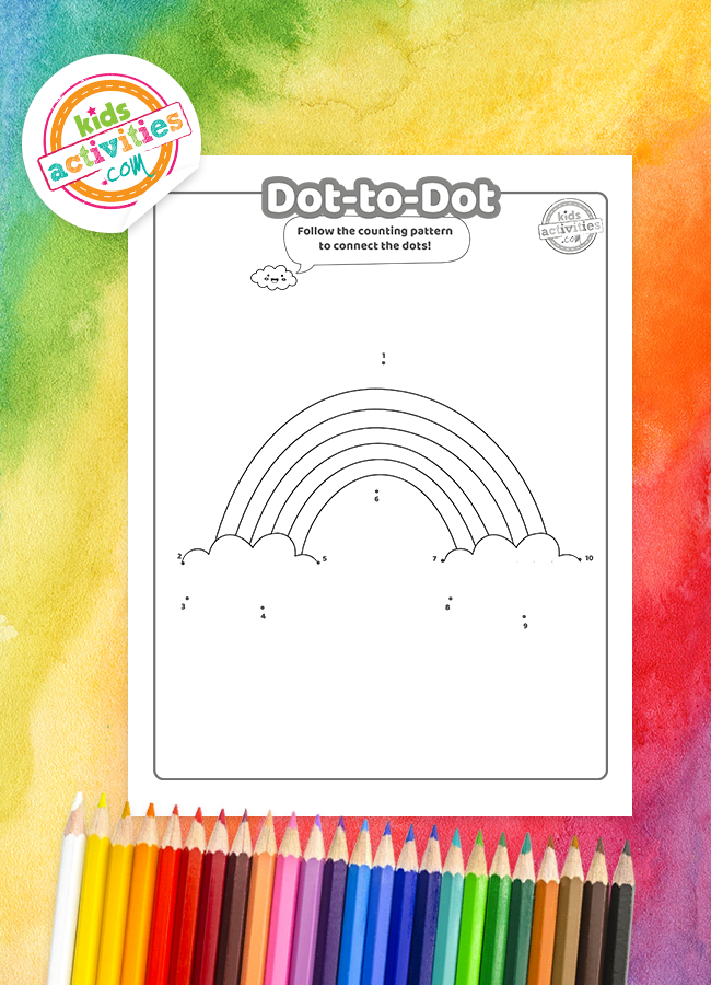 Free printable rainbow dot to dot coloring pages for kids