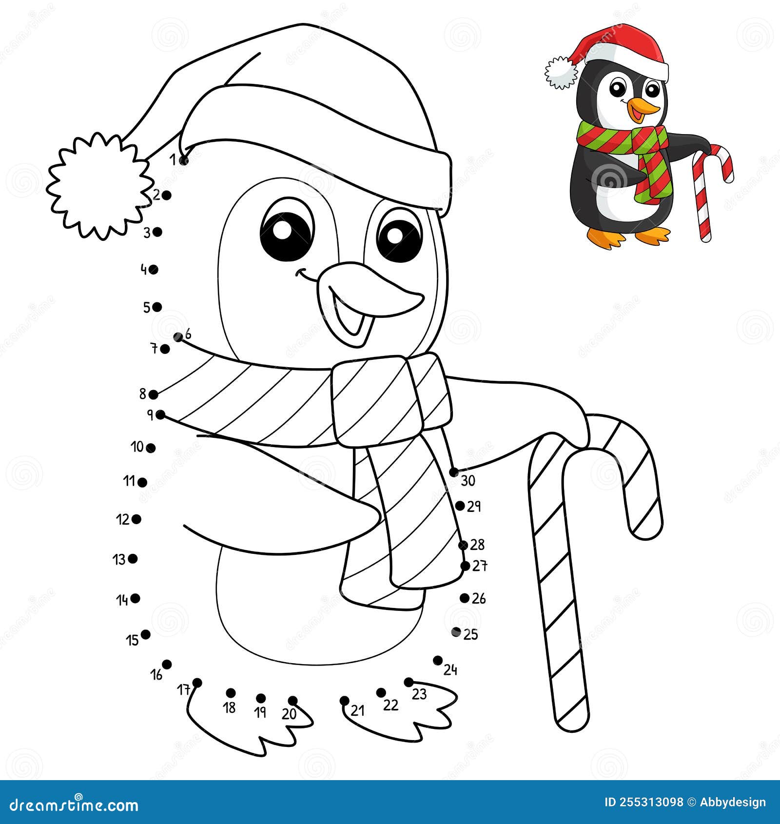 Dot to dot christmas santa penguin coloring page stock vector