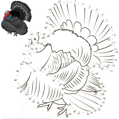 Turkey dot to dot free printable coloring pages