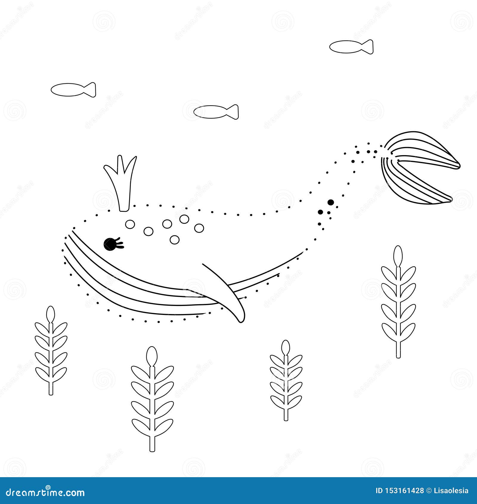 Connect the dots whale in the root underwater cartoon poster marine coloring book page for kids black and white line art sea stock vector