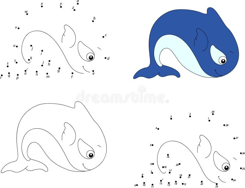 Cartoon whale coloring book and dot to dot game for kids stock vector