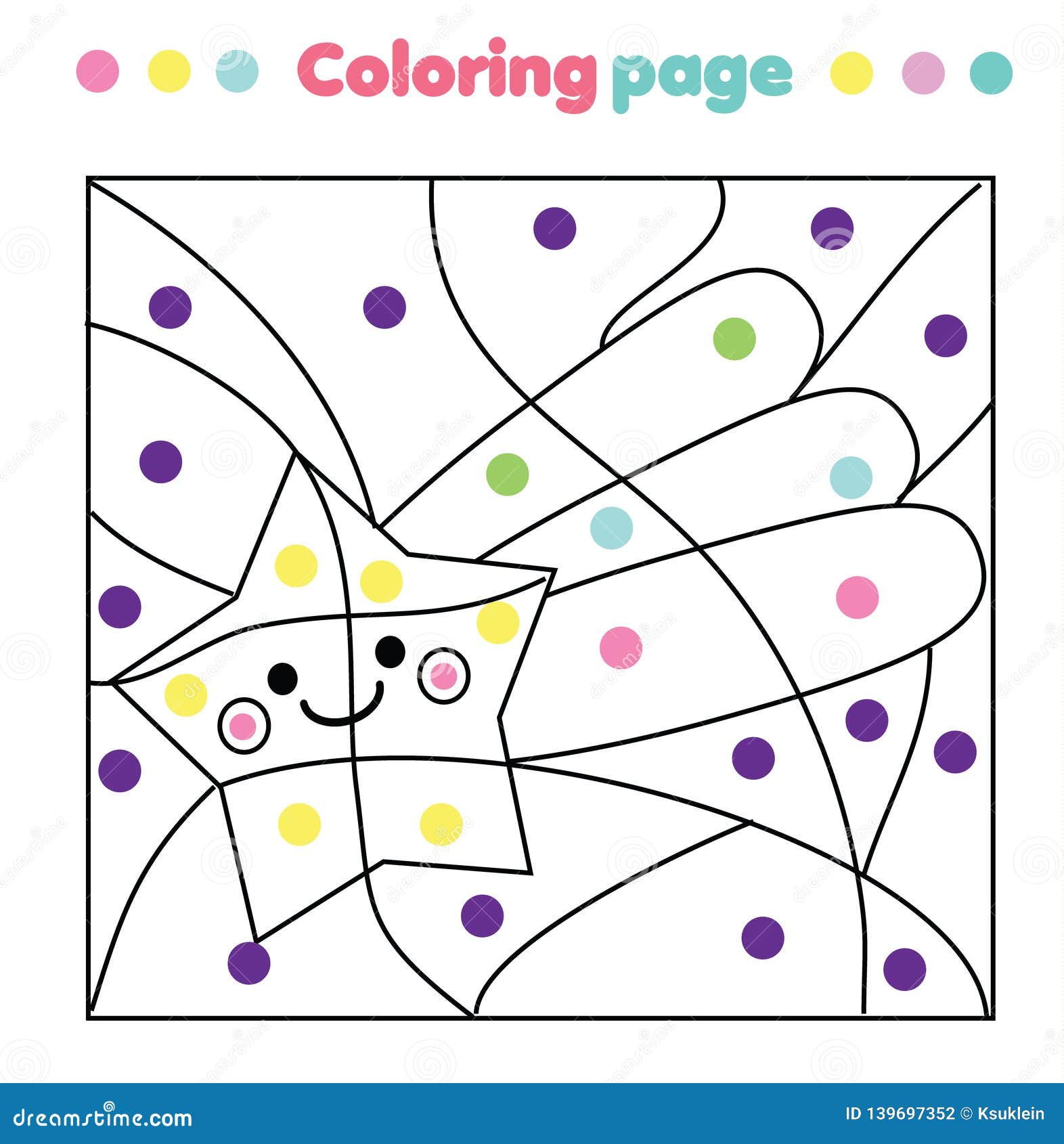 Children educational game coloring page with cute star color by dots printable activity stock vector