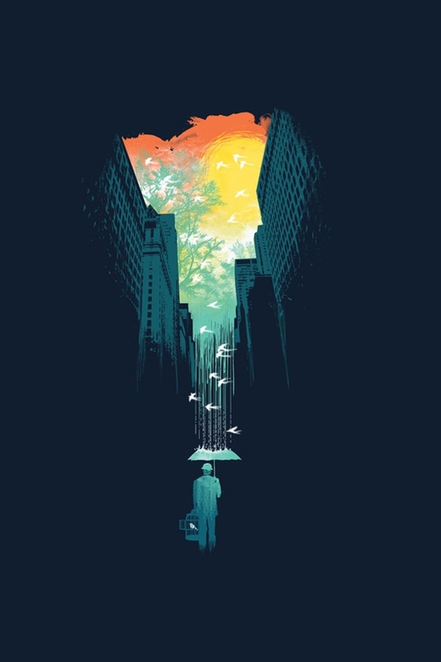 X rain umbrella birds city building sky cages artwork fantasy art trees minimalism iphone iphone s hd k wallpapers images backgrounds photos and pictures