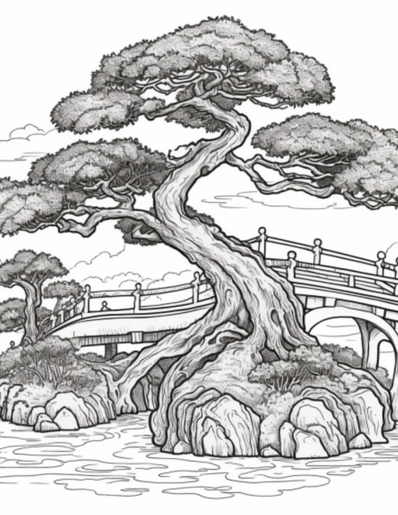 Bonsai tree coloring page instant download grayscale coloring page printable pdf coloring page for adult printable instant download