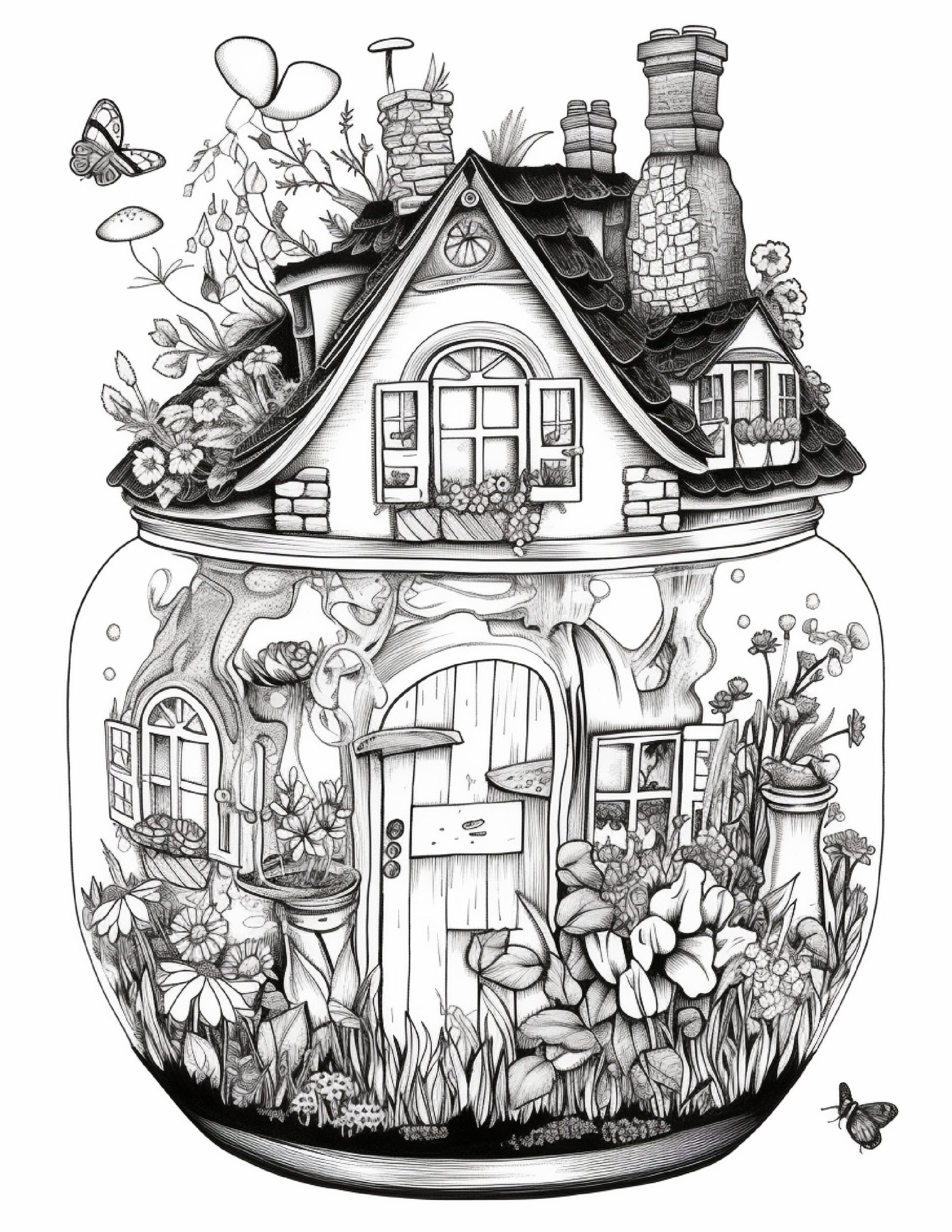 Printable fairy houses in jar coloring pages for adults grayscale â coloring