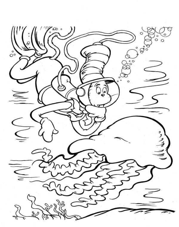 Cat in the hat in the sea coloring page