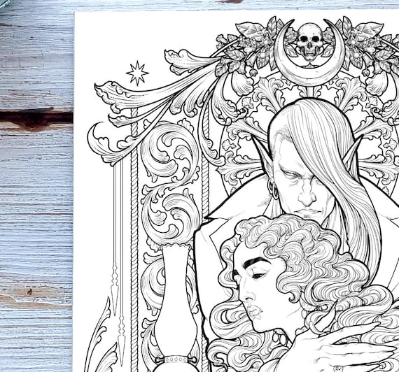 Dracula colouring page printable jpg gothic coloring page adults children art nouveau lineart halloween drawing painting medusa dollmaker