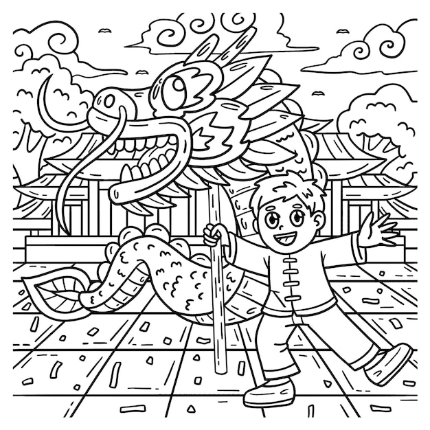 Premium vector a cute and funny coloring page of a dragon dance provides hours of coloring fun for children color this page is very easy suitable for little kids and toddlers