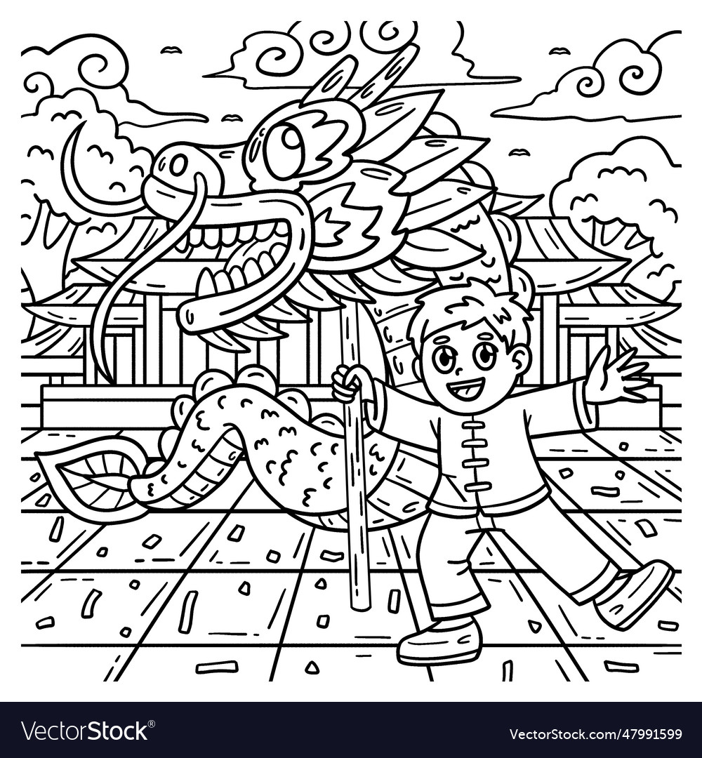 Year of the dragon dance kids coloring page vector image