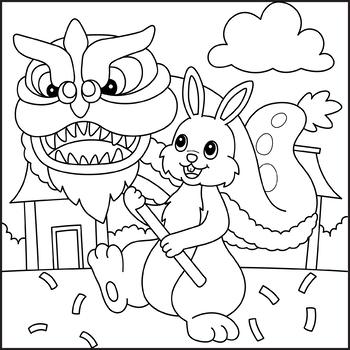 Rabbit dragon dancing coloring page for kids