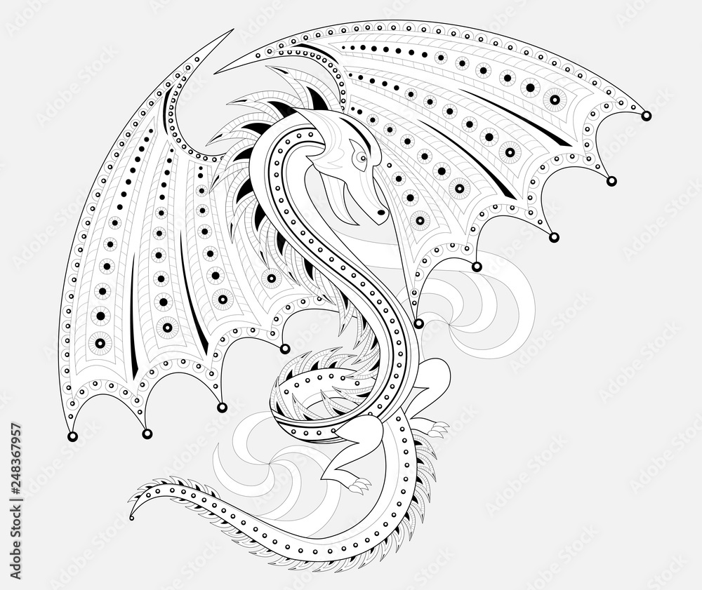 Black and white page for coloring book fantasy drawing of fairyland dragon pattern for print embroidery henna mehndi tattoo and decoration worksheet for children and adults vector image vector