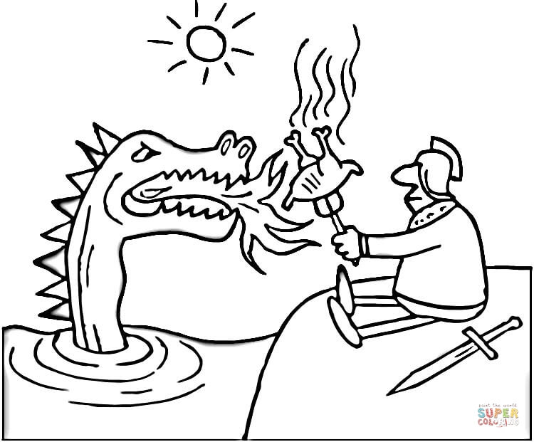Brave knight grills the chicken on dragon fire coloring page free printable coloring pages