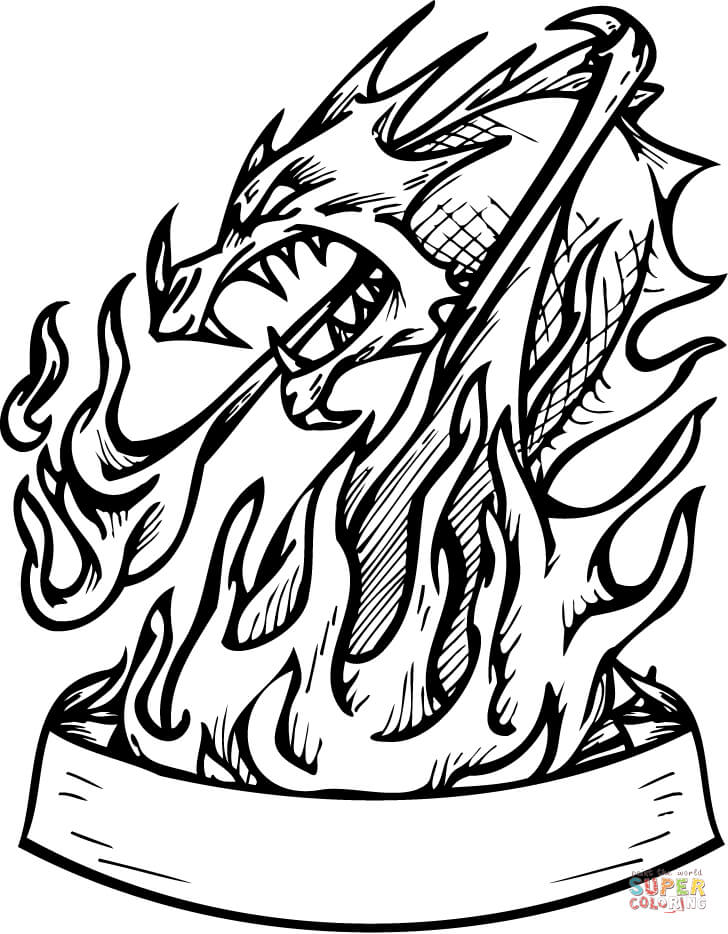 Dragon in flames with banner coloring page free printable coloring pages
